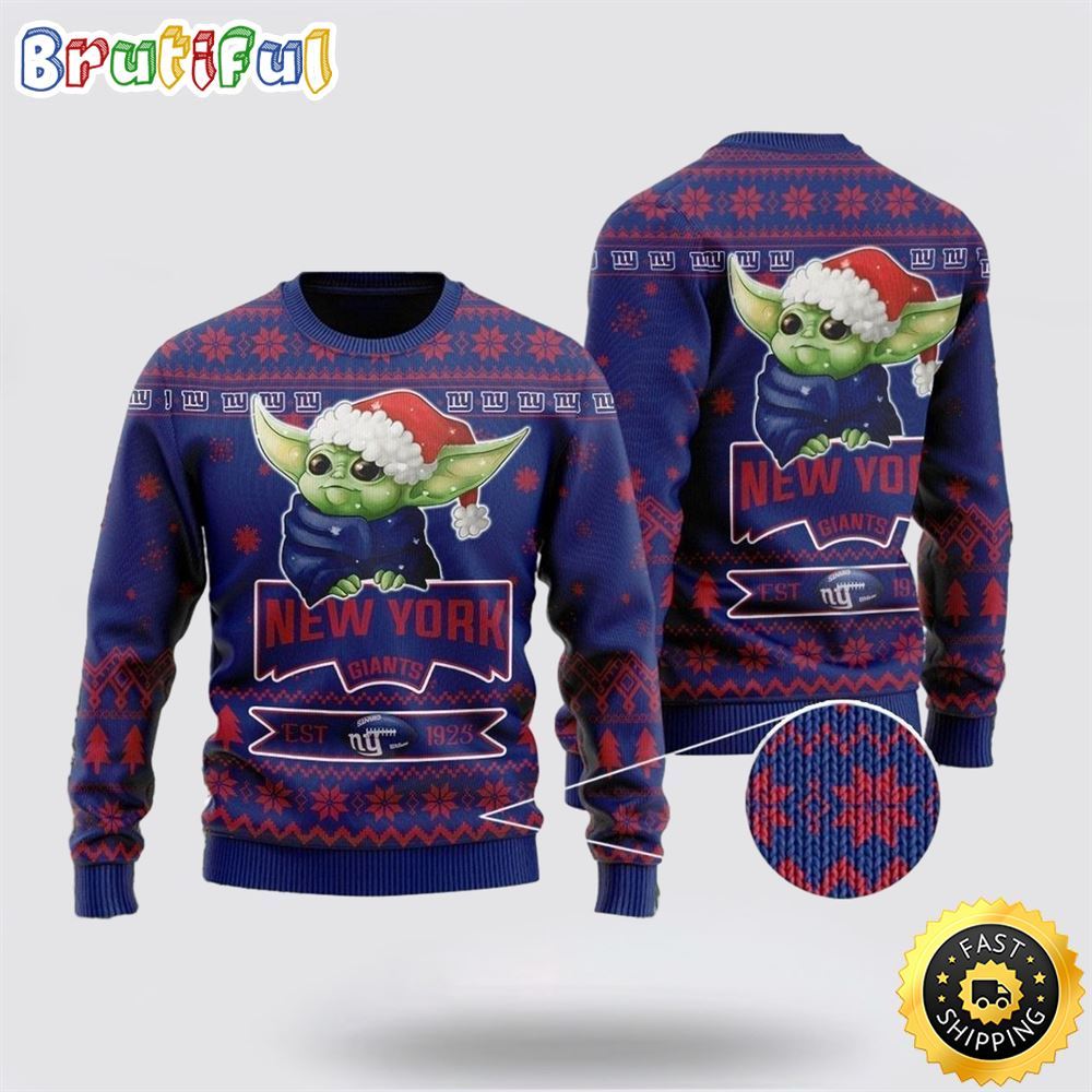 Sportswearmerch New York Giants NFL Cute Baby Yoda Personalized Christmas Sweater For Fan
