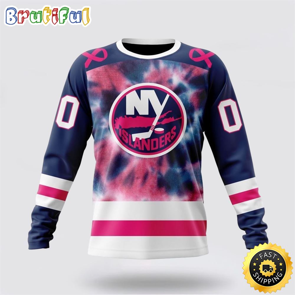 Sportswearmerch New York Islanders NHL Crewneck Pink October Fight Breast Cancer Personalized Sweater For Fan