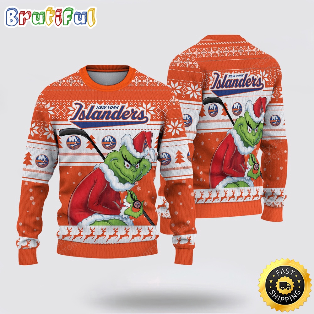 Sportswearmerch New York Islanders NHL Sweater Grinch Personalized Christmas Sweater For Fan