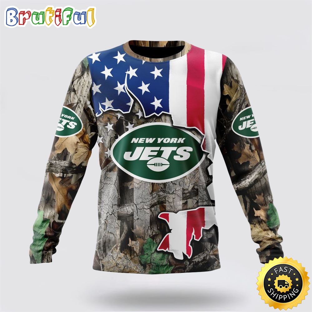 Sportswearmerch New York Jets NFL Crewneck USA Flag Camo Realtree Hunting Personalized Sweater For Fan