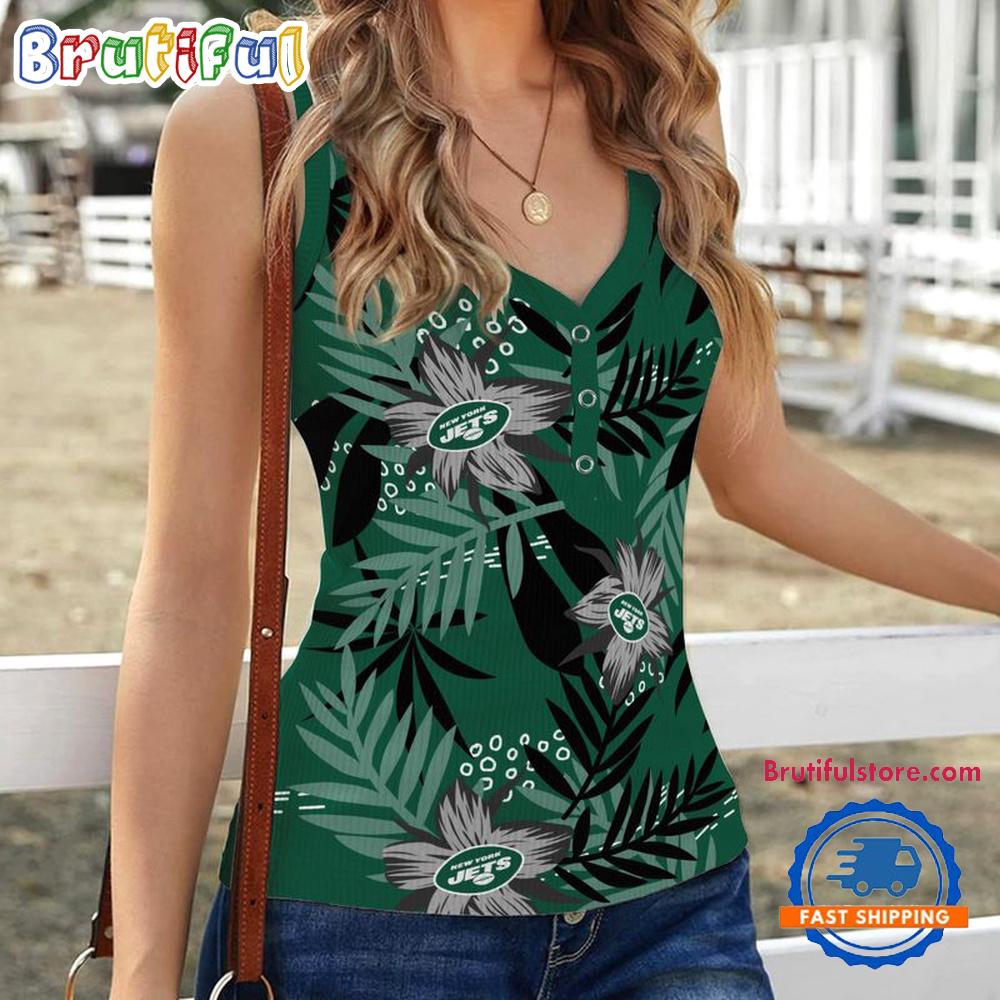 Sportswearmerch New York Jets NFL Hibiscus Pattern Women's V-Neck Ribbed Tank Top For Fan