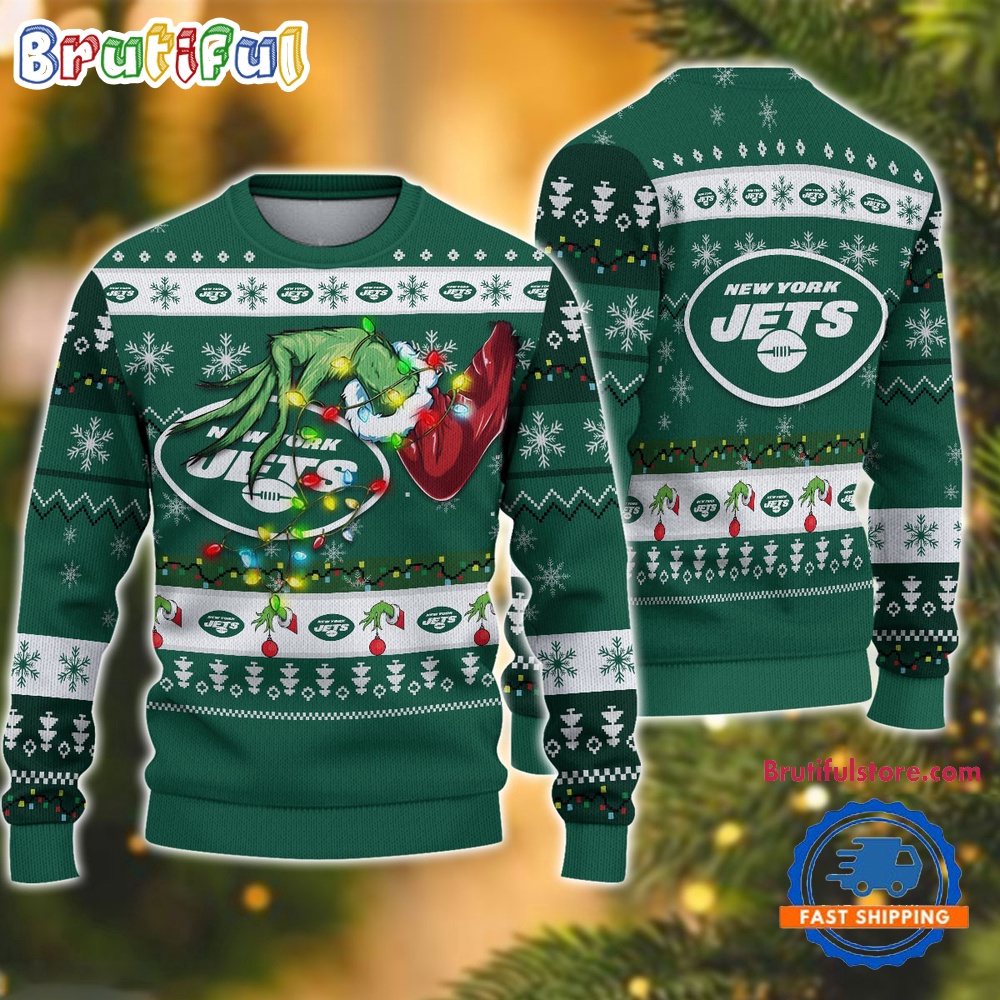 Sportswearmerch New York Jets NFL Special Grinch's Hand Football Christmas Sweater For Fan