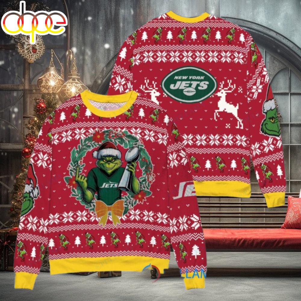 Sportswearmerch New York Jets NFL x Grinch Super Bowl Trophy Ugly Christmas Sweater For Fan