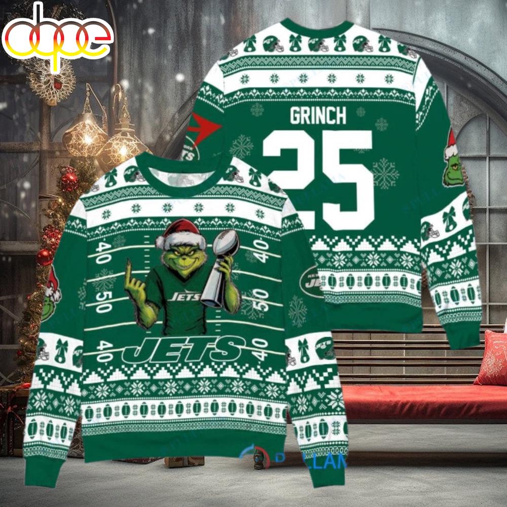 Sportswearmerch New York Jets NFL x Grinch Super Bowl Trophy Ugly Christmas Sweater For Fan