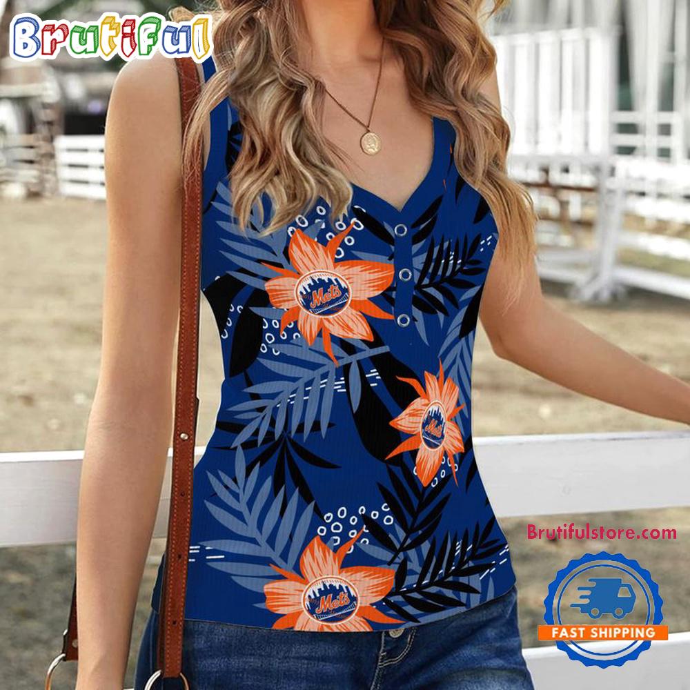 Sportswearmerch New York Mets MLB Hibiscus Pattern Women's V-Neck Ribbed Tank Top For Fan