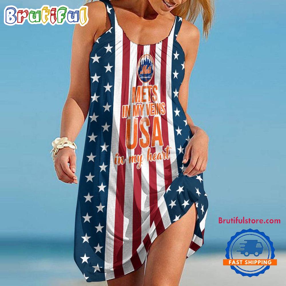 Sportswearmerch New York Mets NFL Independence Day Women's Summer Beach Dress For Fan