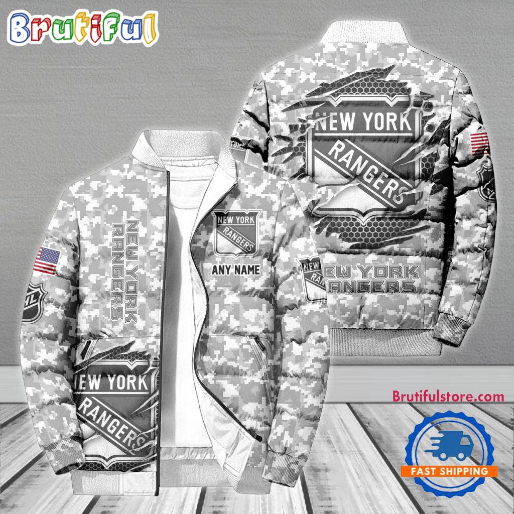 Sportswearmerch New York Rangers NHL Special Camo Honor Veterans Puffer Jacket For Fan