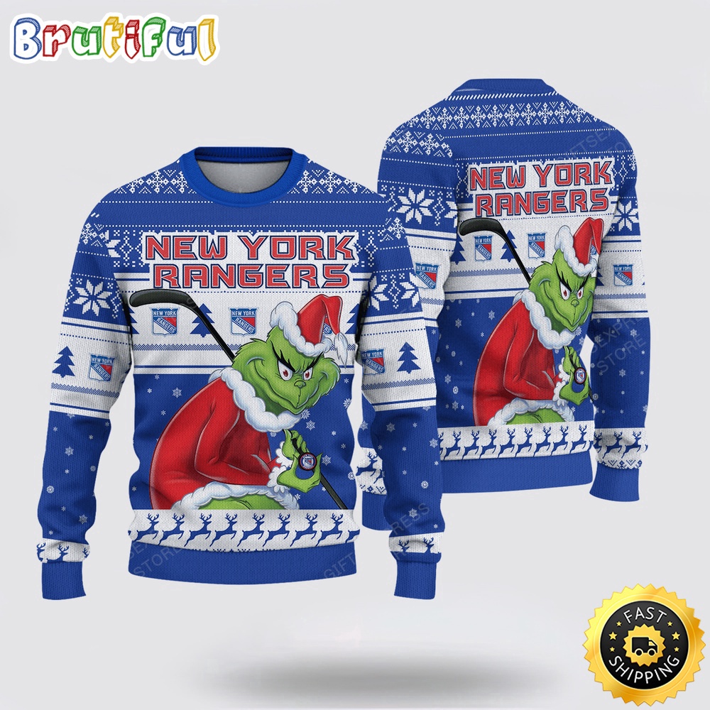 Sportswearmerch New York Rangers NHL Sweater Grinch Personalized Christmas Sweater For Fan