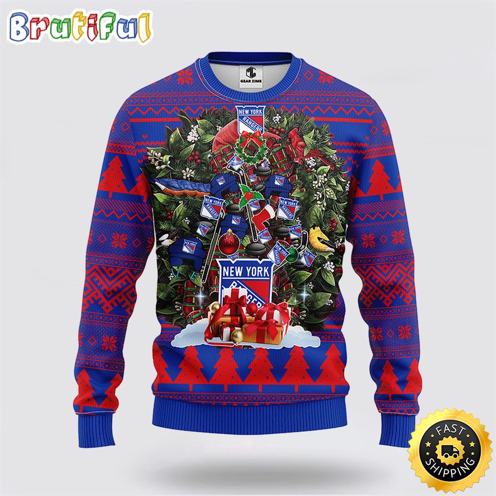 Sportswearmerch New York Rangers NHL Tree Ugly Christmas Fleece Sweater For Fan