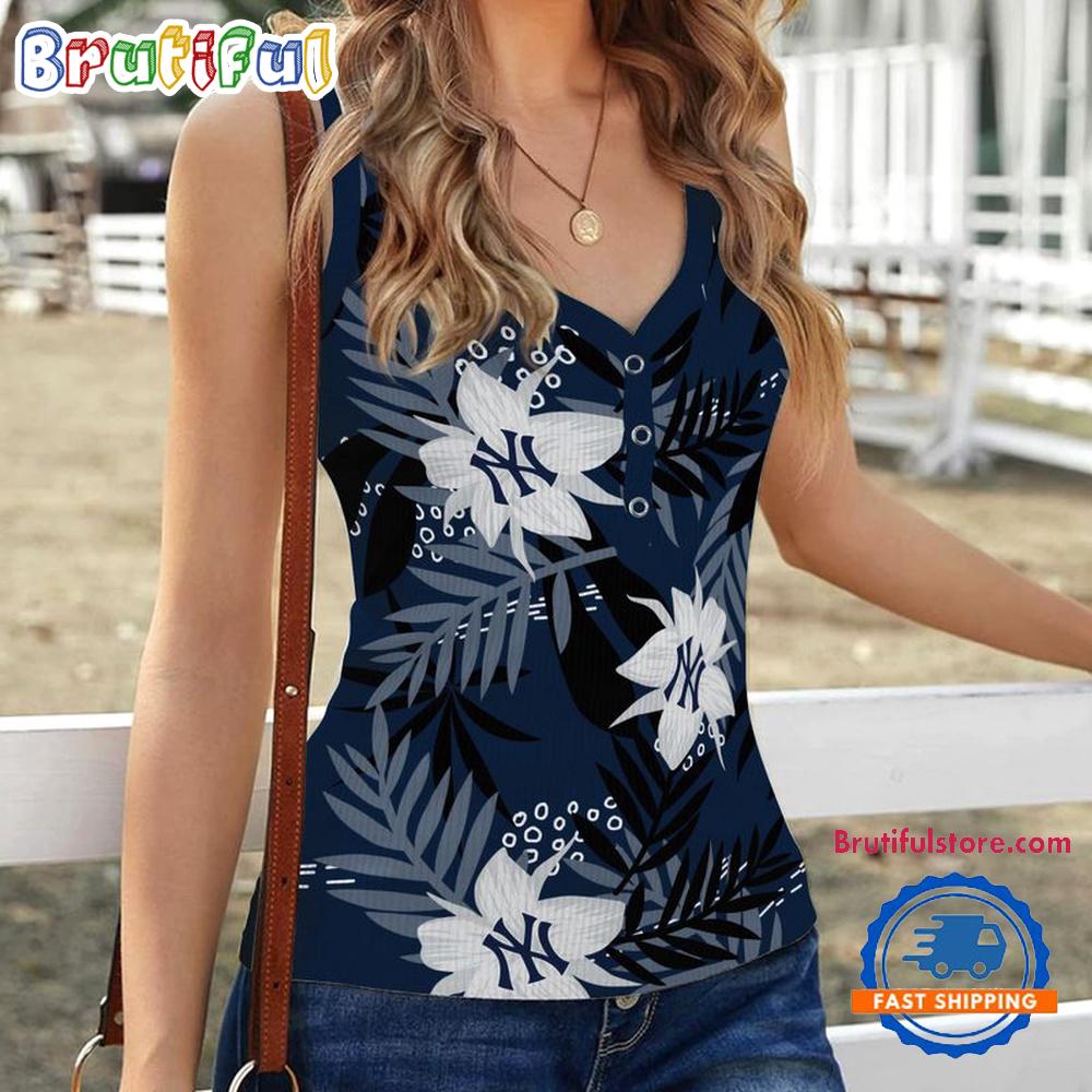 Sportswearmerch New York Yankees MLB Hibiscus Pattern Women's V-Neck Ribbed Tank Top For Fan