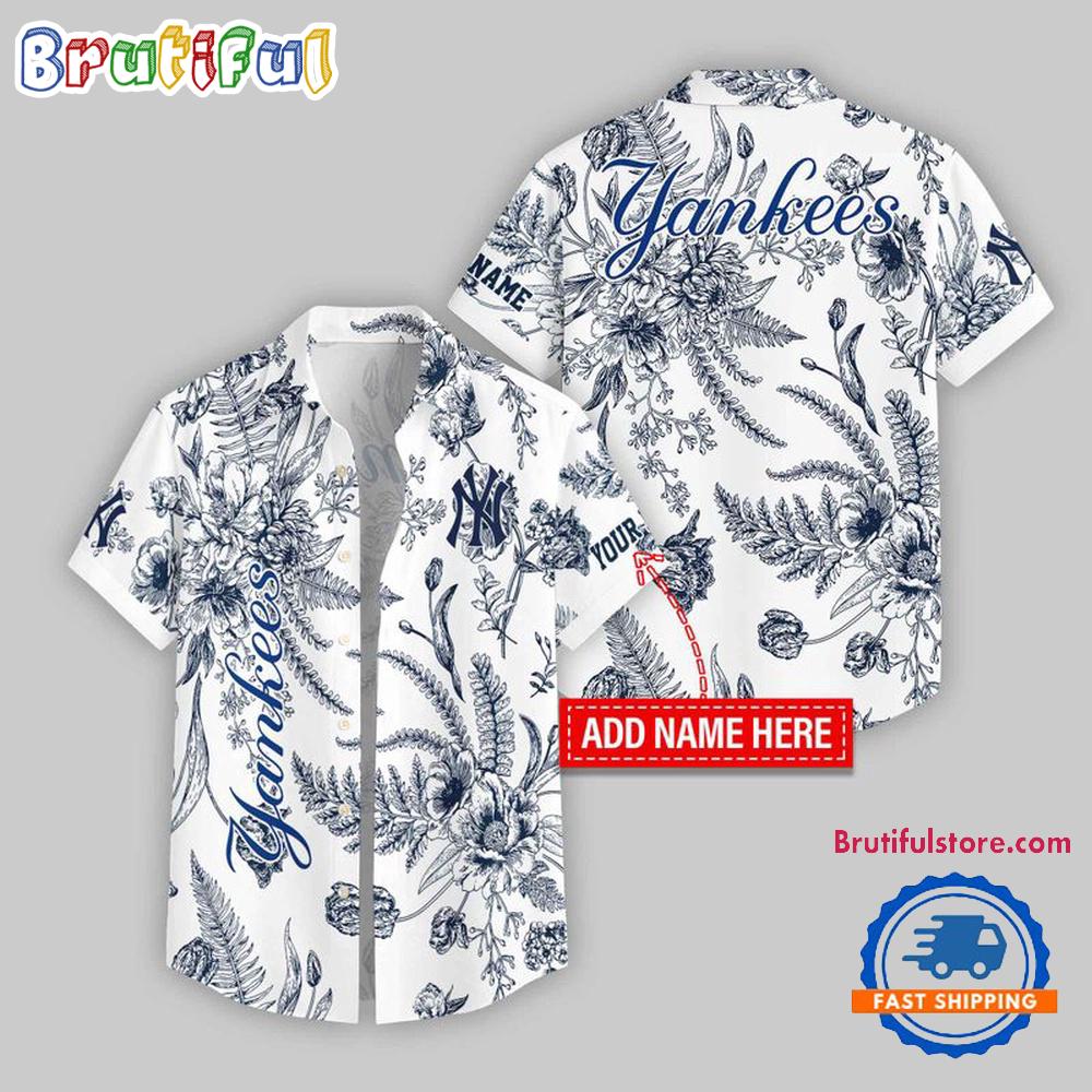 Sportswearmerch New York Yankees MLB Leaf Flower Pattern Personalized Personalized Hawaiian Shirt For Fan