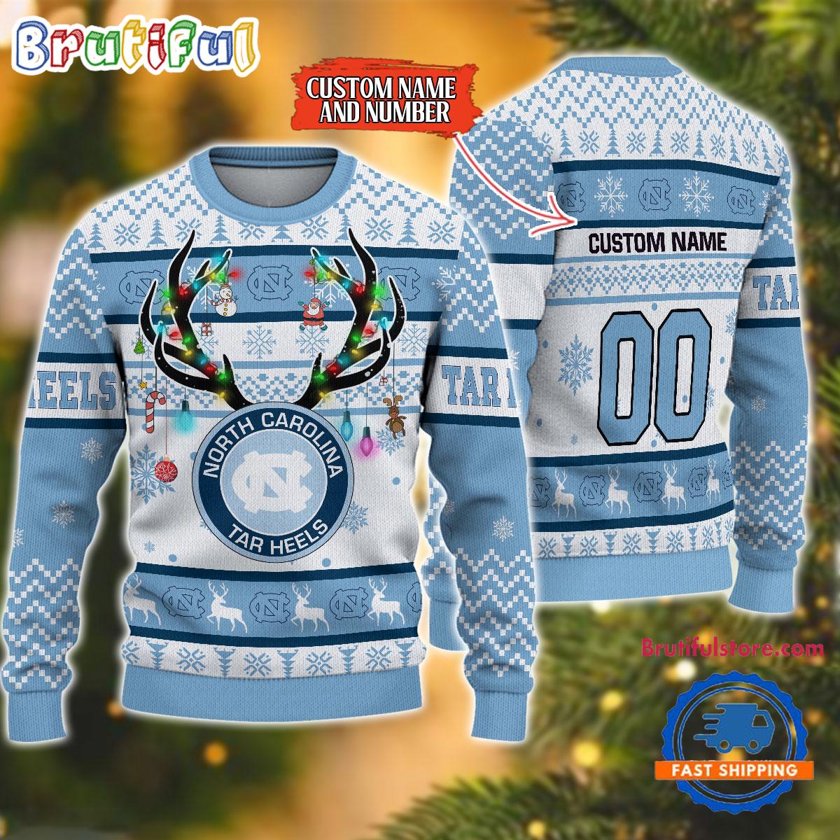 Sportswearmerch North Carolina Tar Heels NCAA Special Reindeer Light Personalized Christmas Sweater For Fan