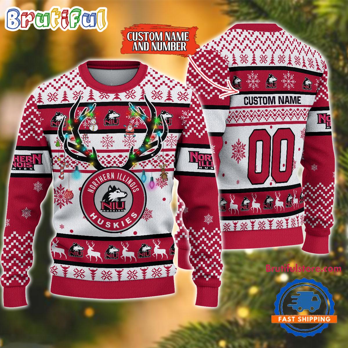 Sportswearmerch Northern Illinois Huskies NCAA Special Reindeer Light Personalized Christmas Sweater For Fan