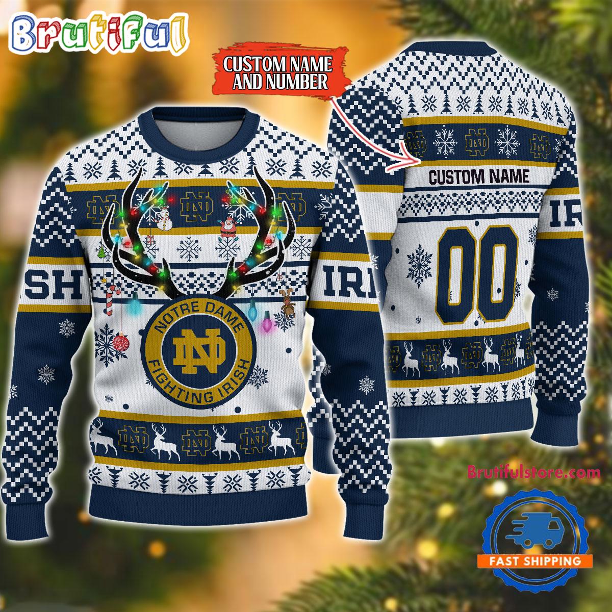 Sportswearmerch Notre Dame Fighting Irish NCAA Special Reindeer Light Personalized Christmas Sweater For Fan