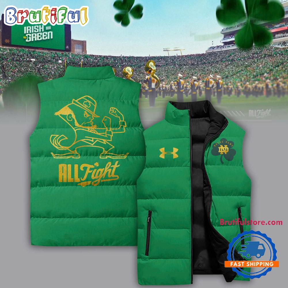 Sportswearmerch Notre Dame Fighting Irish NCAA Wear Green Sleeveless Puffer Jacket For Fan