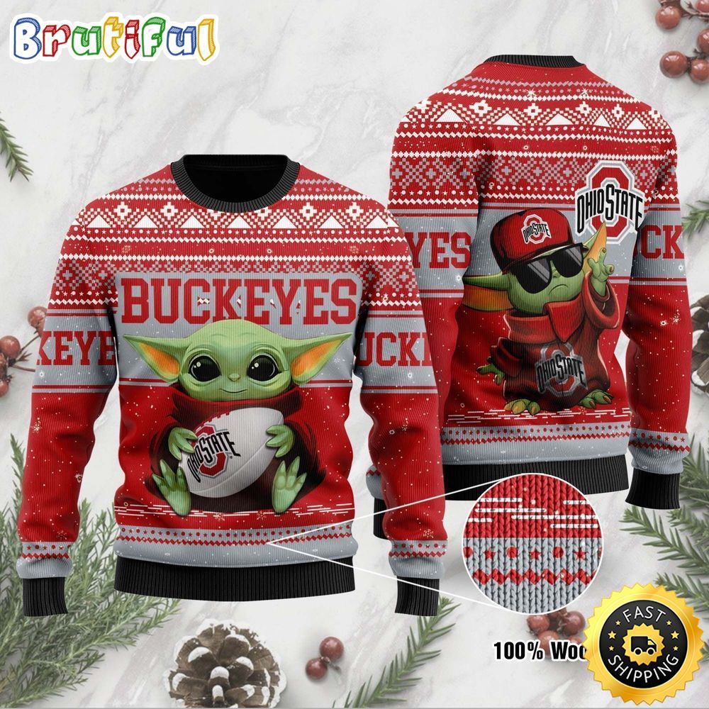 Sportswearmerch Ohio State Buckeyes NCAA Baby Yoda Personalized Christmas Sweater For Fan