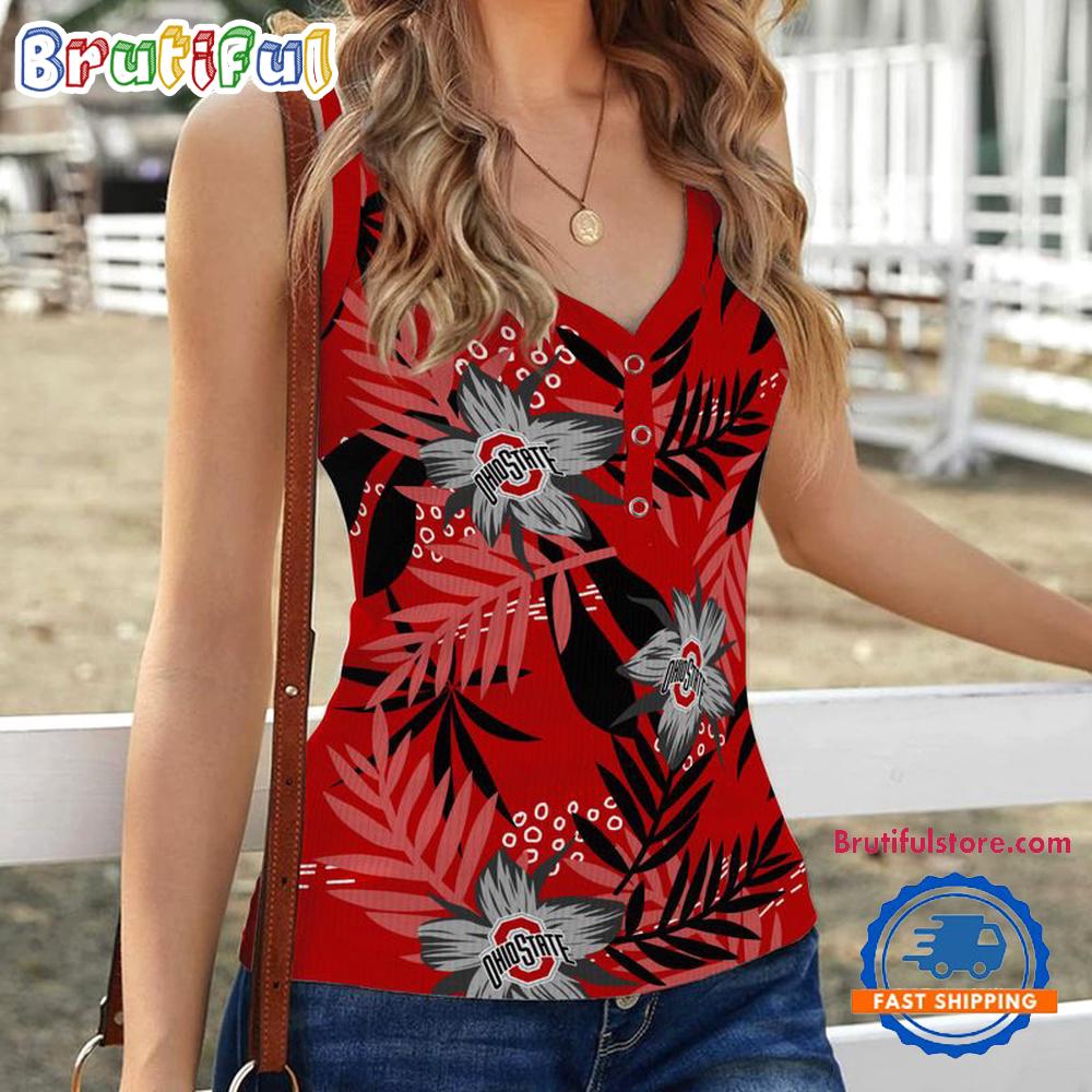 Sportswearmerch Ohio State Buckeyes NCAA Hibiscus Pattern Women's V-Neck Ribbed Tank Top For Fan