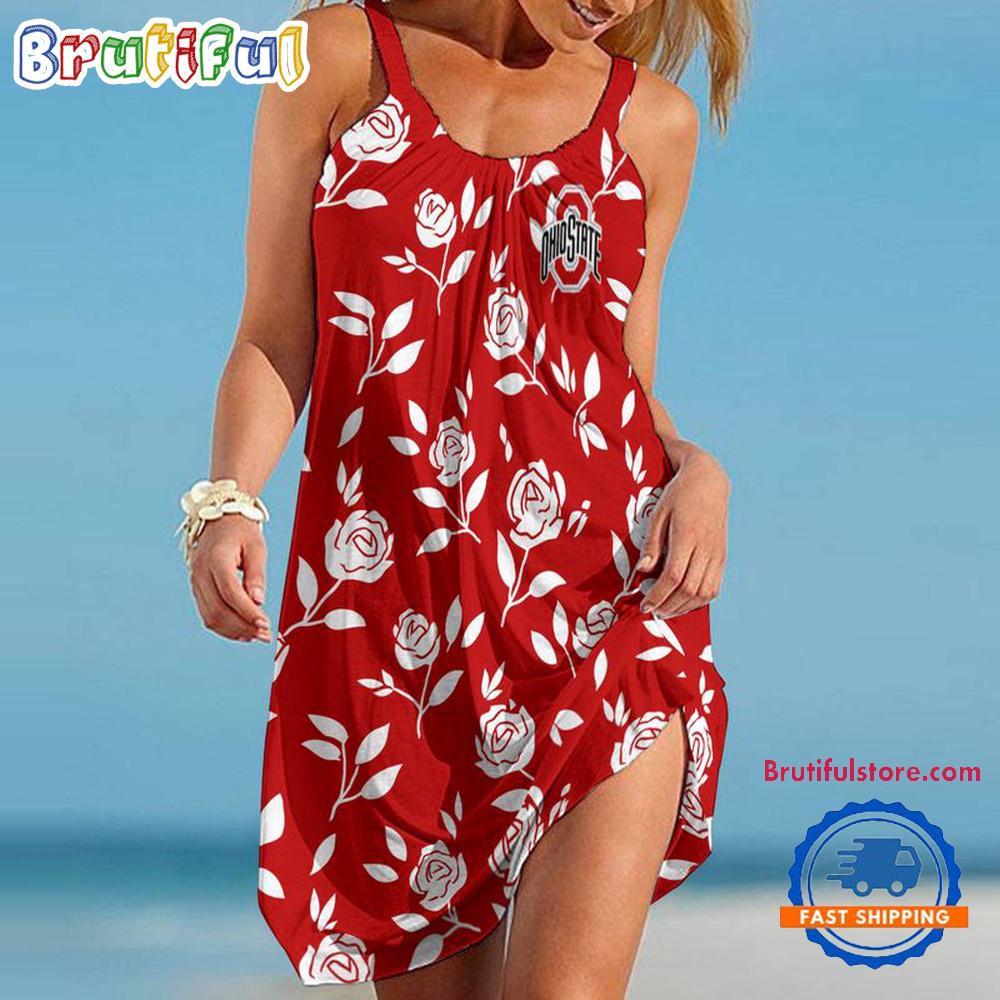 Sportswearmerch Ohio State Buckeyes NCAA Rose Pattern Women’s Summer Beach Dress For Fan