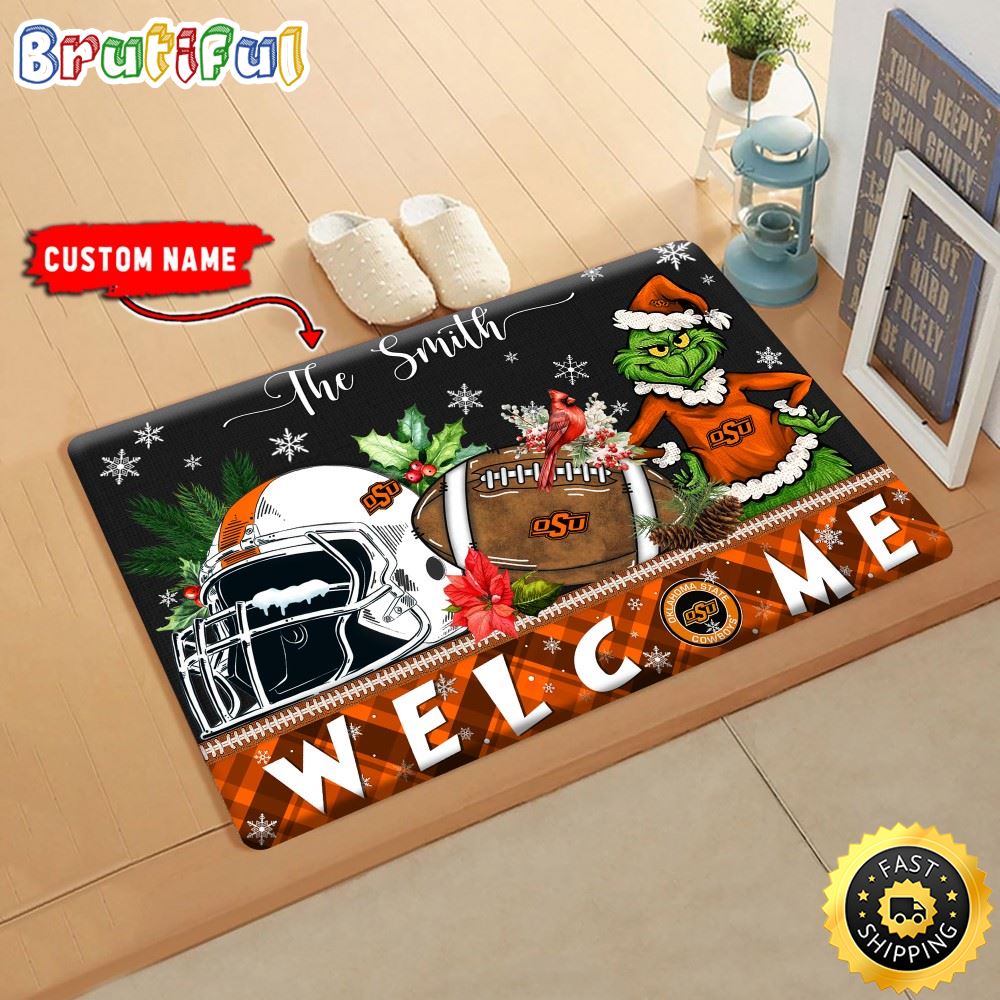 Sportswearmerch Oklahoma State Cowboys NCAA Grinch Christmas Doormat For Fan