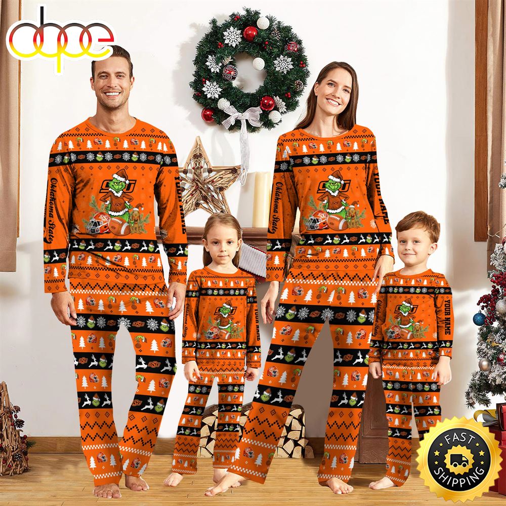 Sportswearmerch Oklahoma State Cowboys NCAA Grinch Christmas Personalized Pajamas For Fan