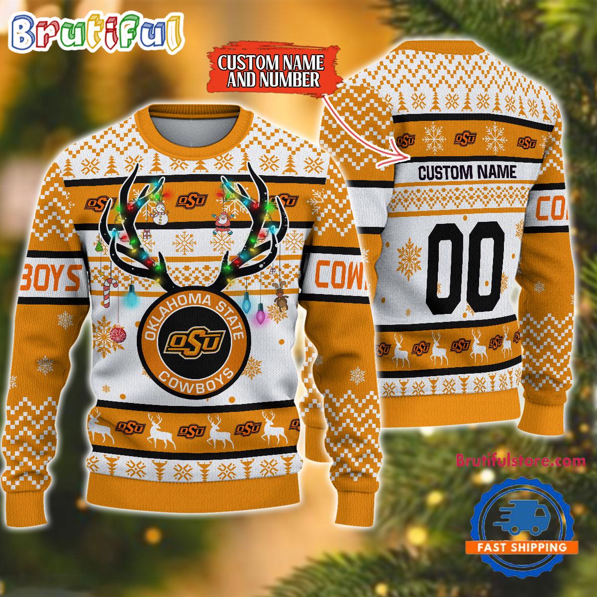 Sportswearmerch Oklahoma State Cowboys NCAA Special Reindeer Light Personalized Christmas Sweater For Fan