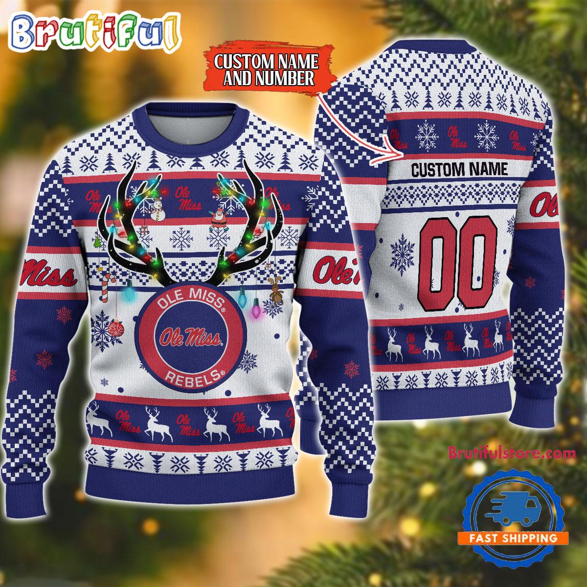 Sportswearmerch Ole Miss Rebels NCAA Special Reindeer Light Personalized Christmas Sweater For Fan