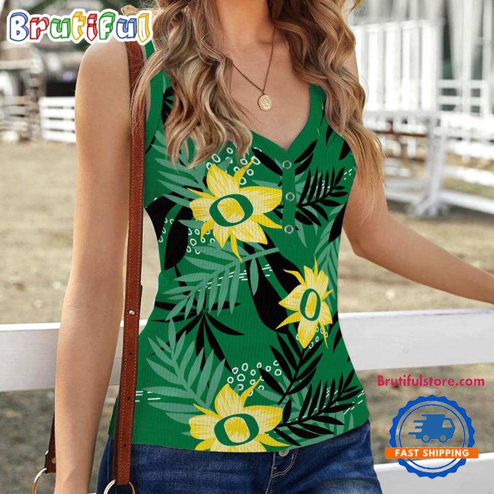 Sportswearmerch Oregon Ducks NCAA Hibiscus Pattern Women's V-Neck Ribbed Tank Top For Fan