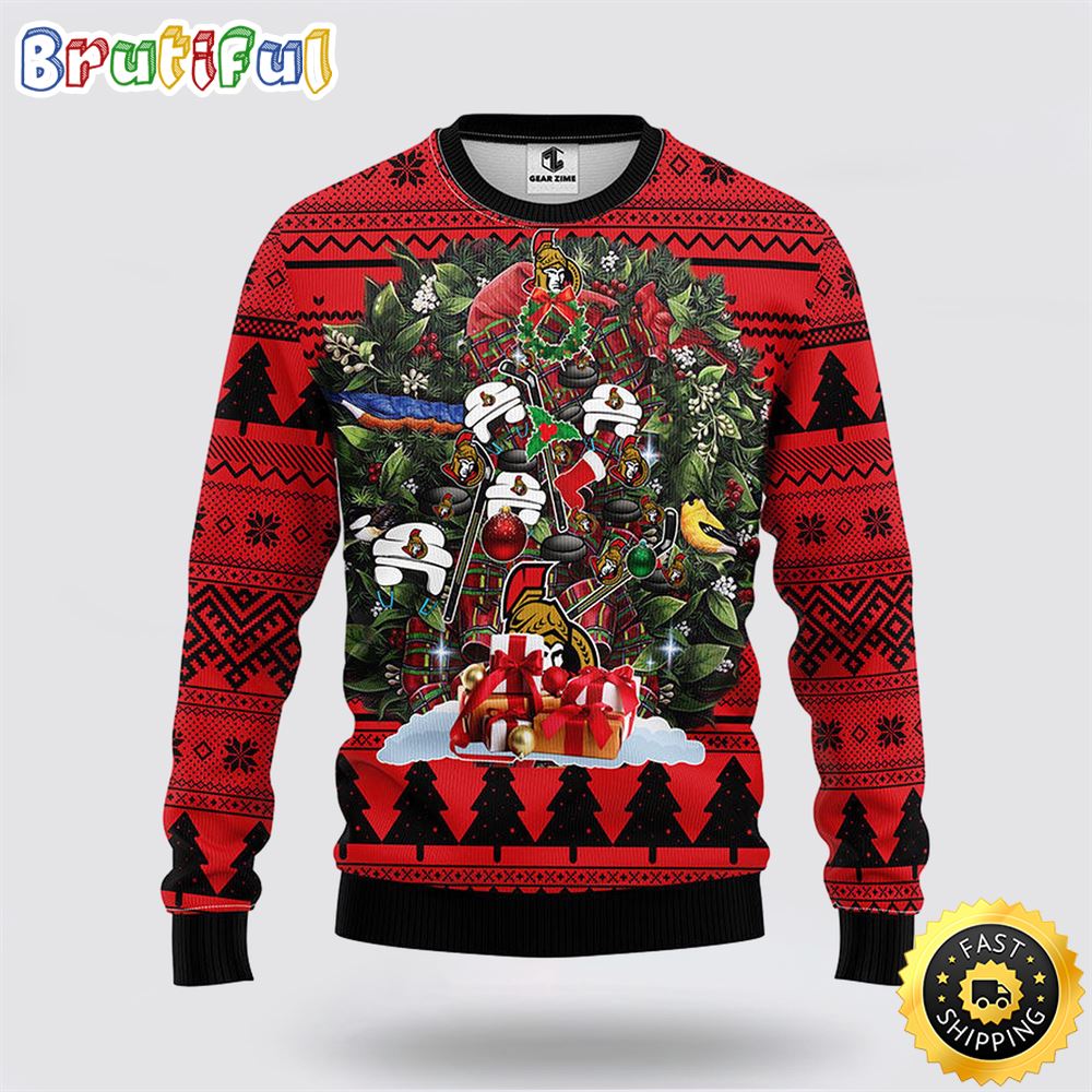 Sportswearmerch Ottawa Senators NHL Tree Ugly Christmas Fleece Sweater For Fan