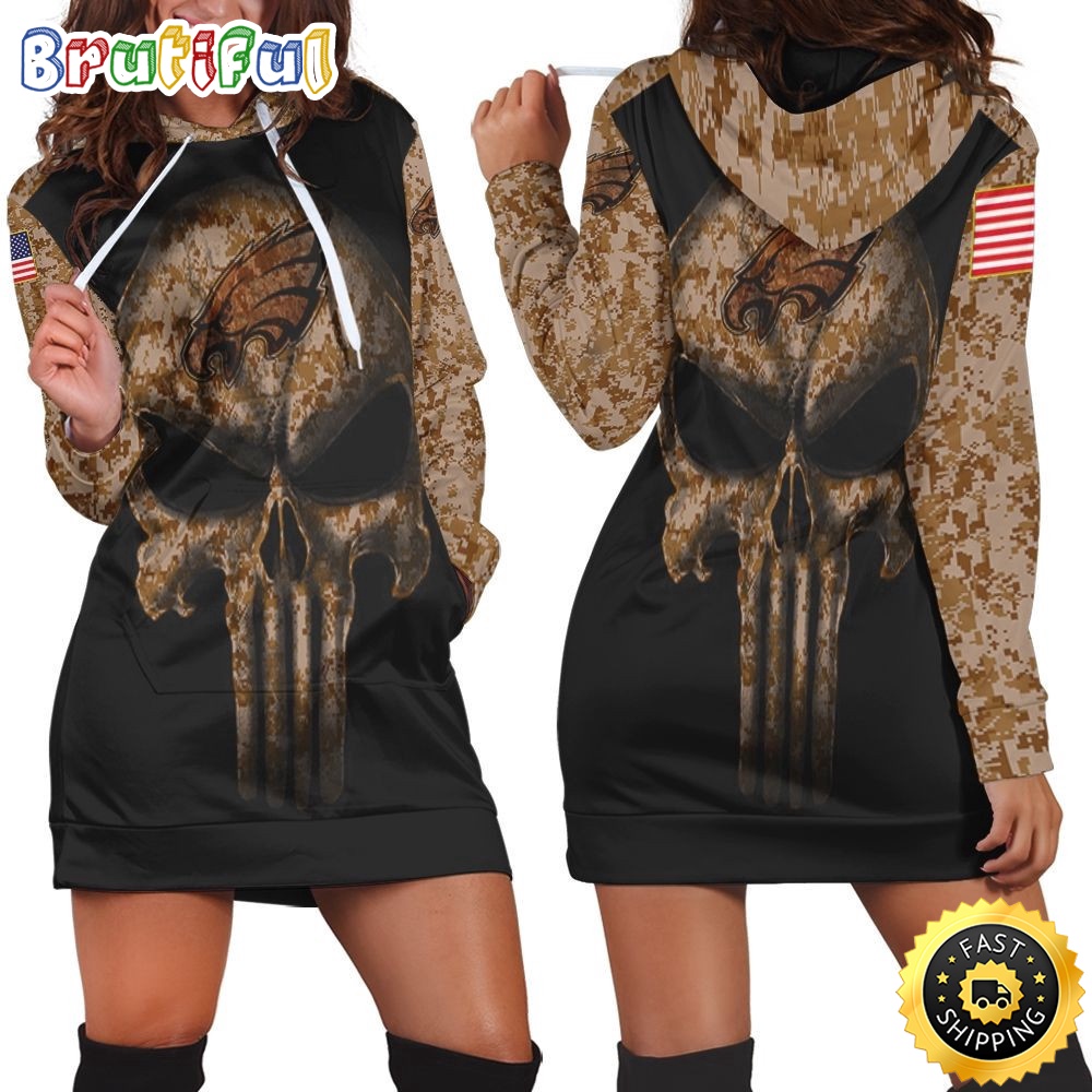 Sportswearmerch Philadelphia Eagles NFL American Flag Camouflage Skull Hoodie Dress For Fan