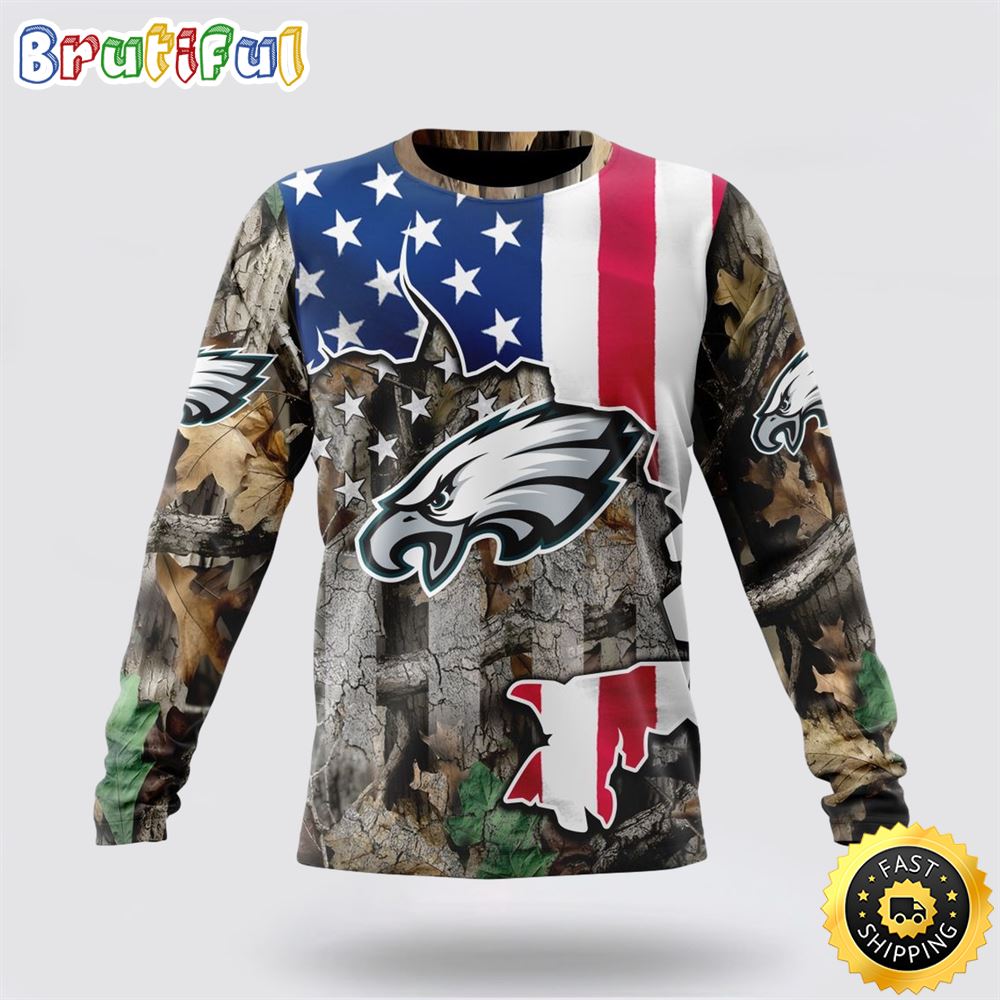 Sportswearmerch Philadelphia Eagles NFL Crewneck USA Flag Camo Realtree Hunting Personalized Sweater For Fan
