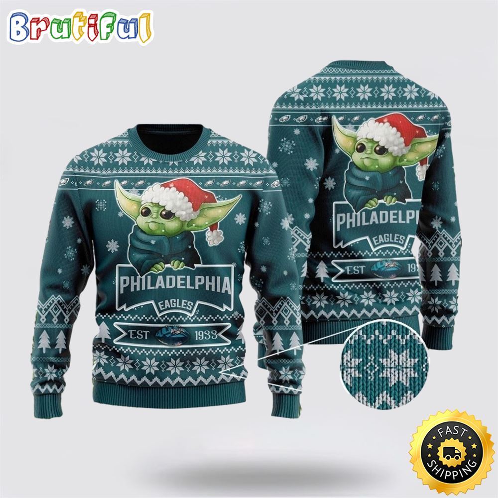 Sportswearmerch Philadelphia Eagles NFL Cute Baby Yoda Personalized Christmas Sweater For Fan