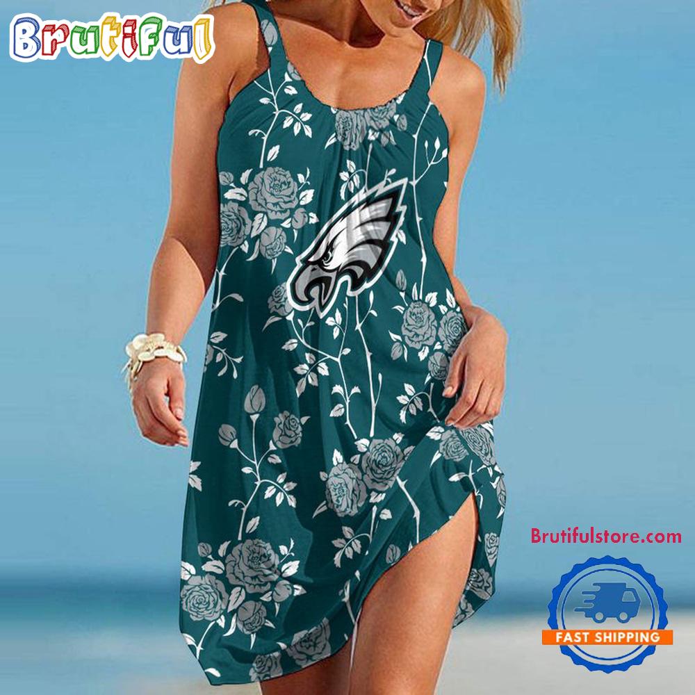Sportswearmerch Philadelphia Eagles NFL Flower Women’s Summer Beach Dress For Fan