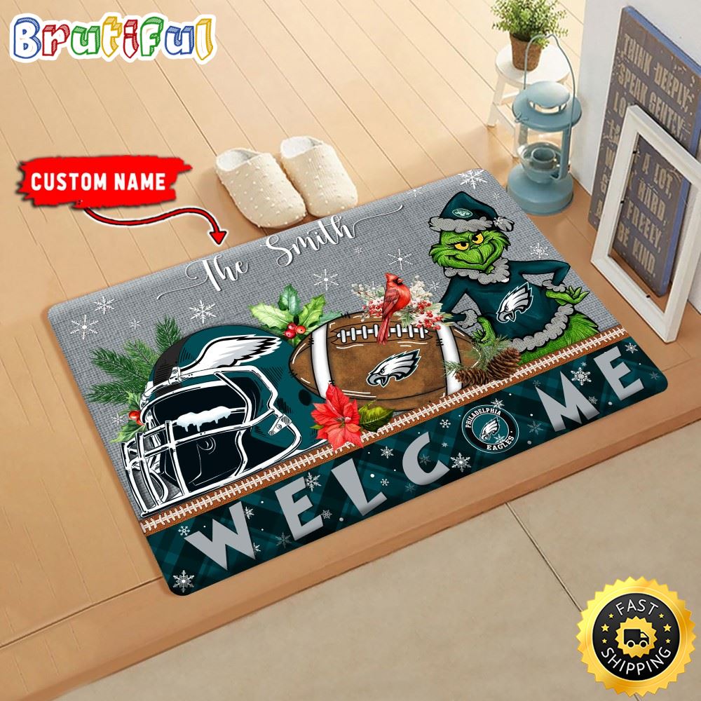 Sportswearmerch Philadelphia Eagles NFL Grinch Christmas Doormat For Fan
