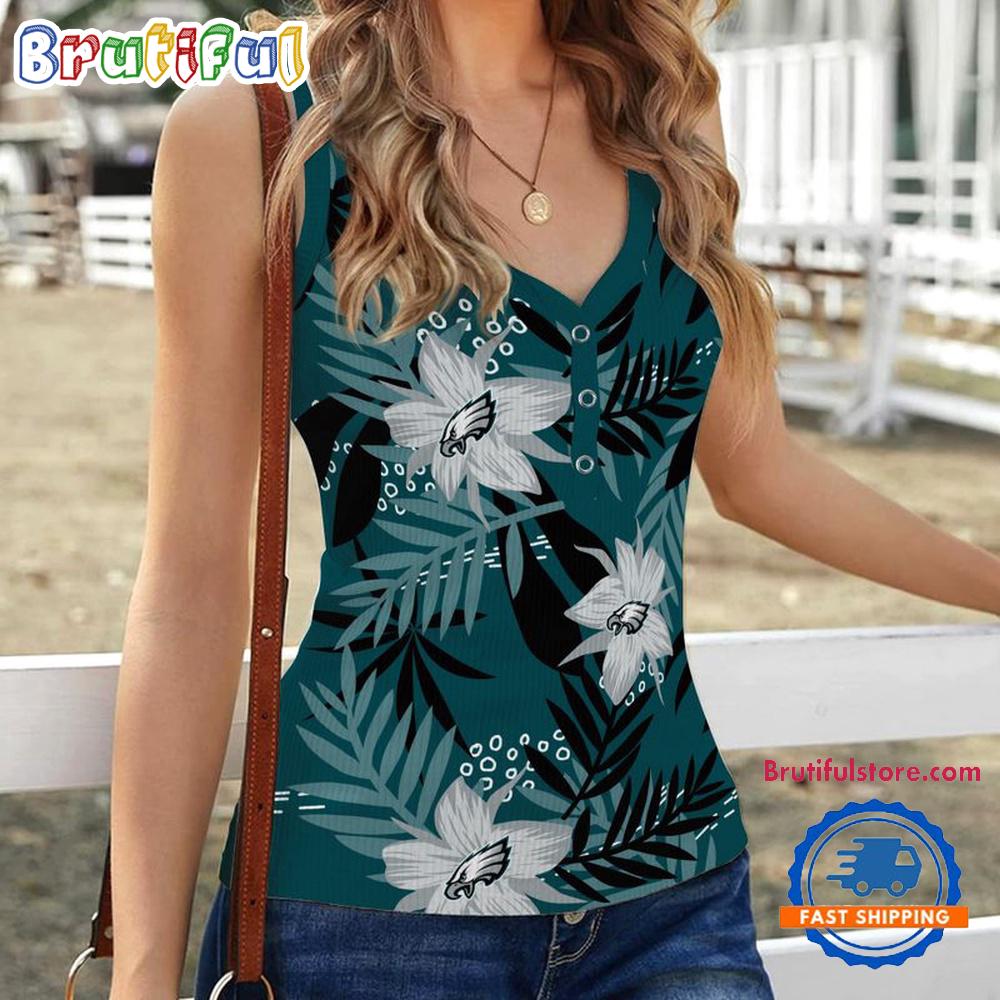 Sportswearmerch Philadelphia Eagles NFL Hibiscus Pattern Women's V-Neck Ribbed Tank Top For Fan