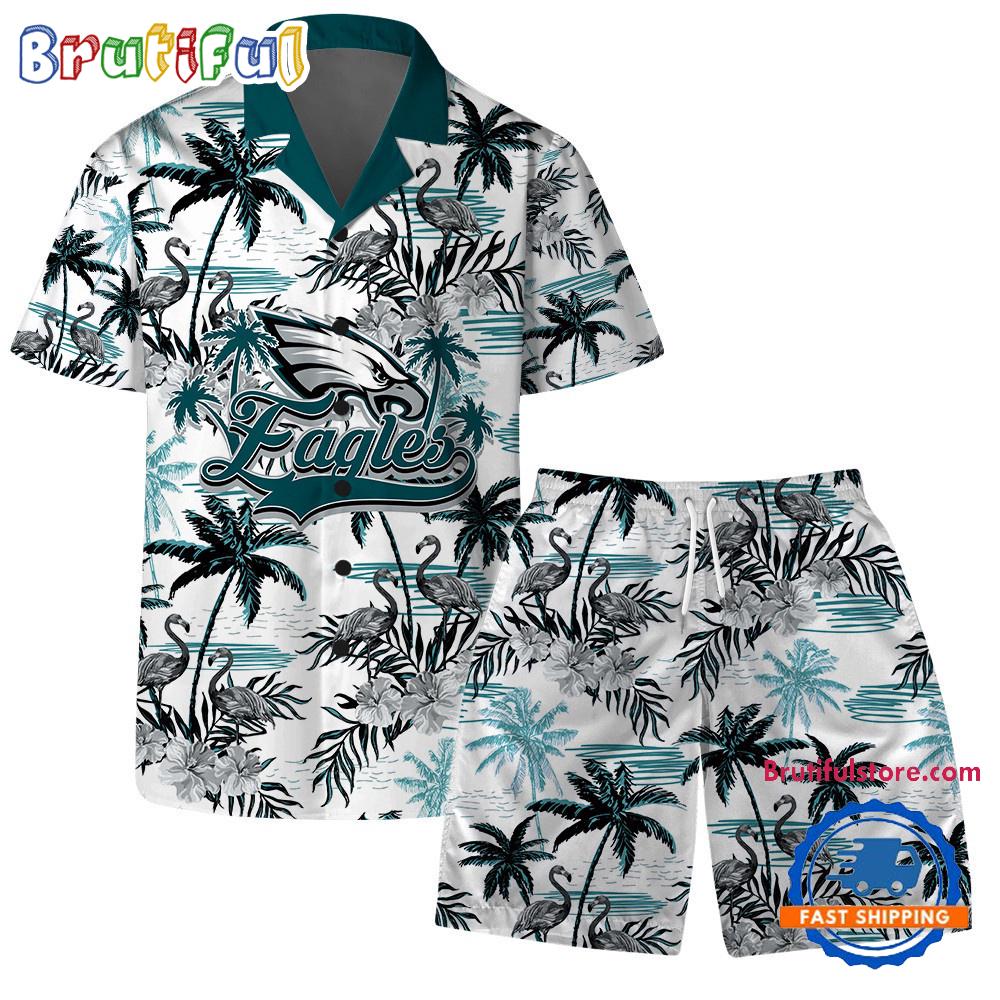 Sportswearmerch Philadelphia Eagles NFL Pattern Flamingo Hibiscus Summer Personalized Set Short Set For Fan