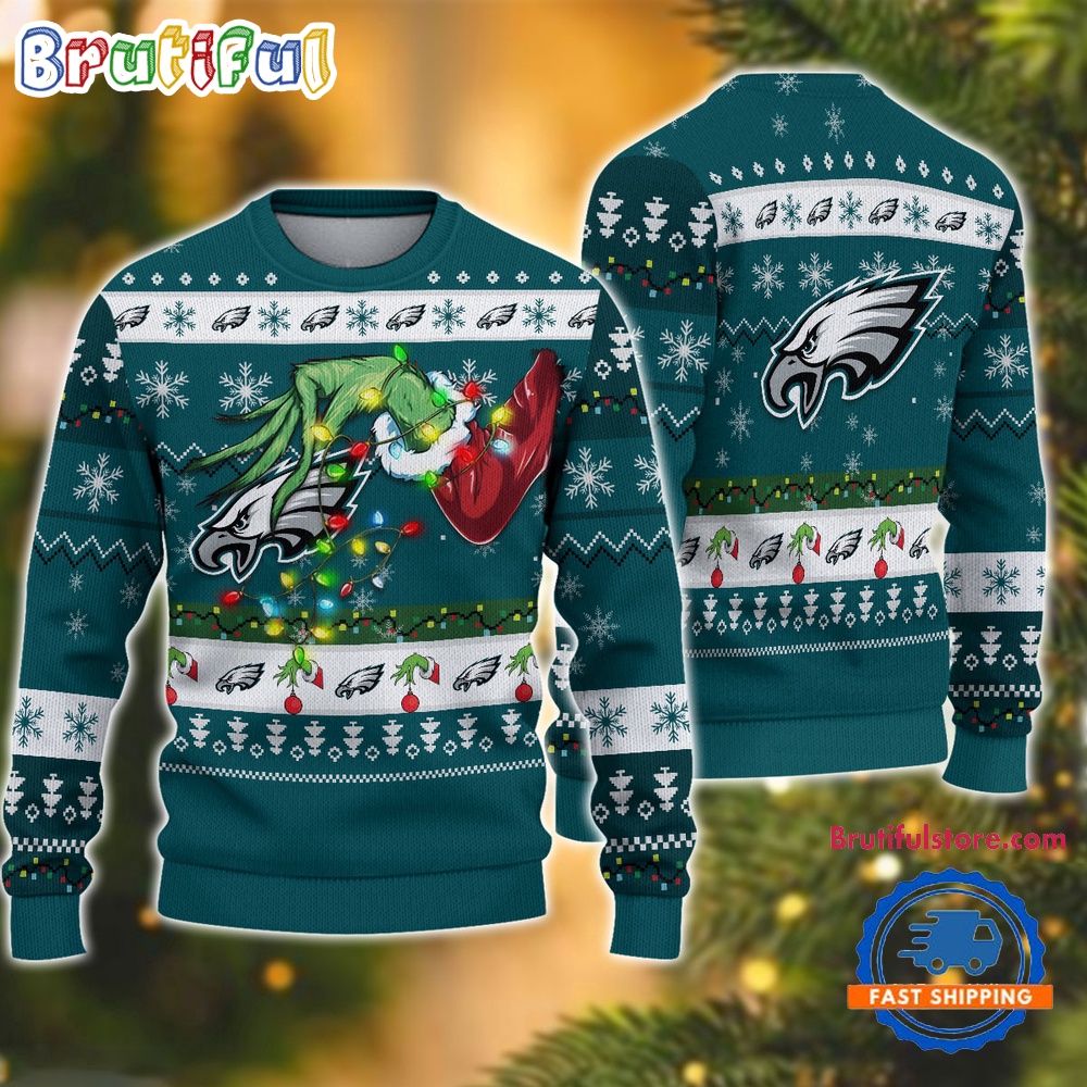 Sportswearmerch Philadelphia Eagles NFL Special Grinch's Hand Football Christmas Sweater For Fan