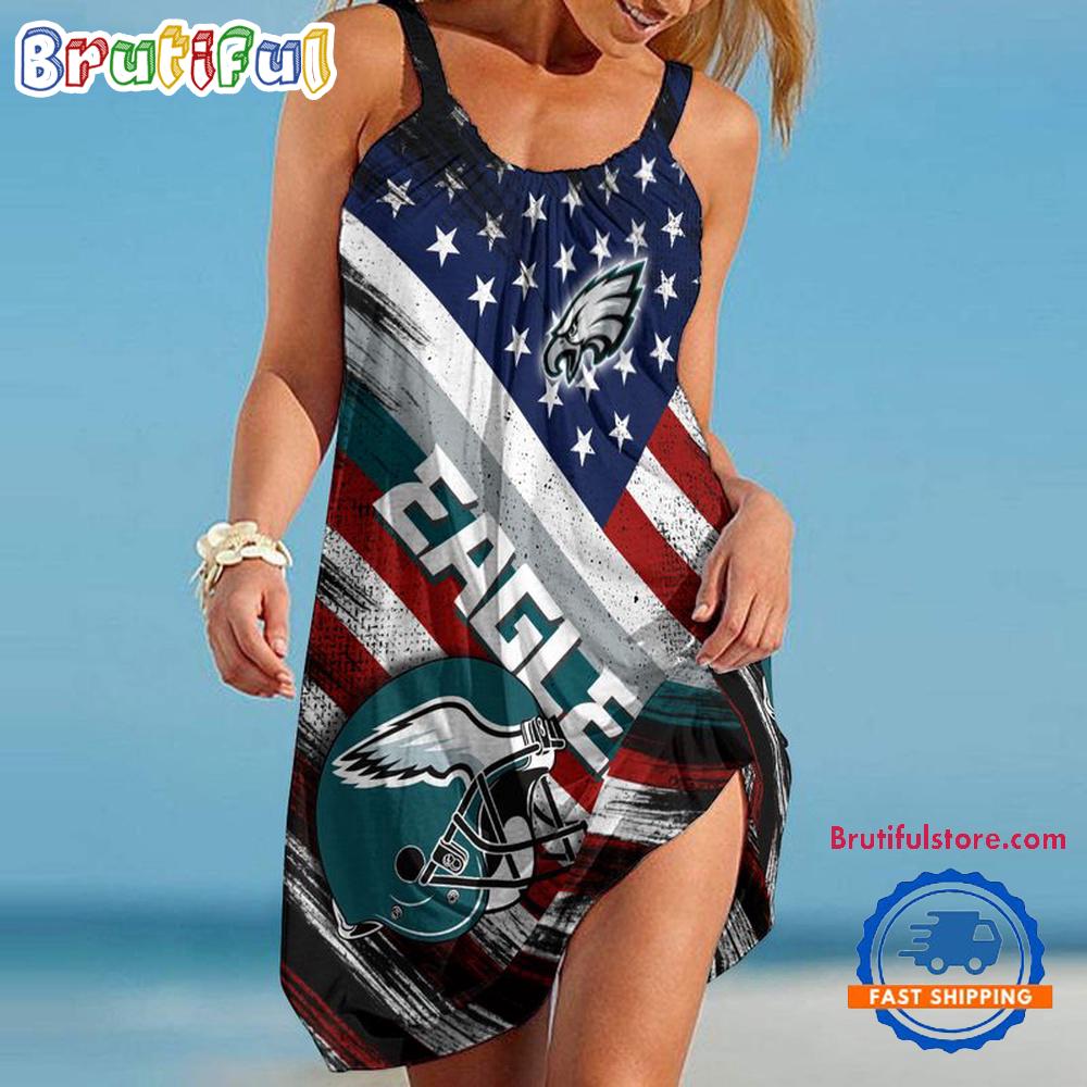 Sportswearmerch Philadelphia Eagles NFL USA Independence Day Women's Summer Beach Dress For Fan