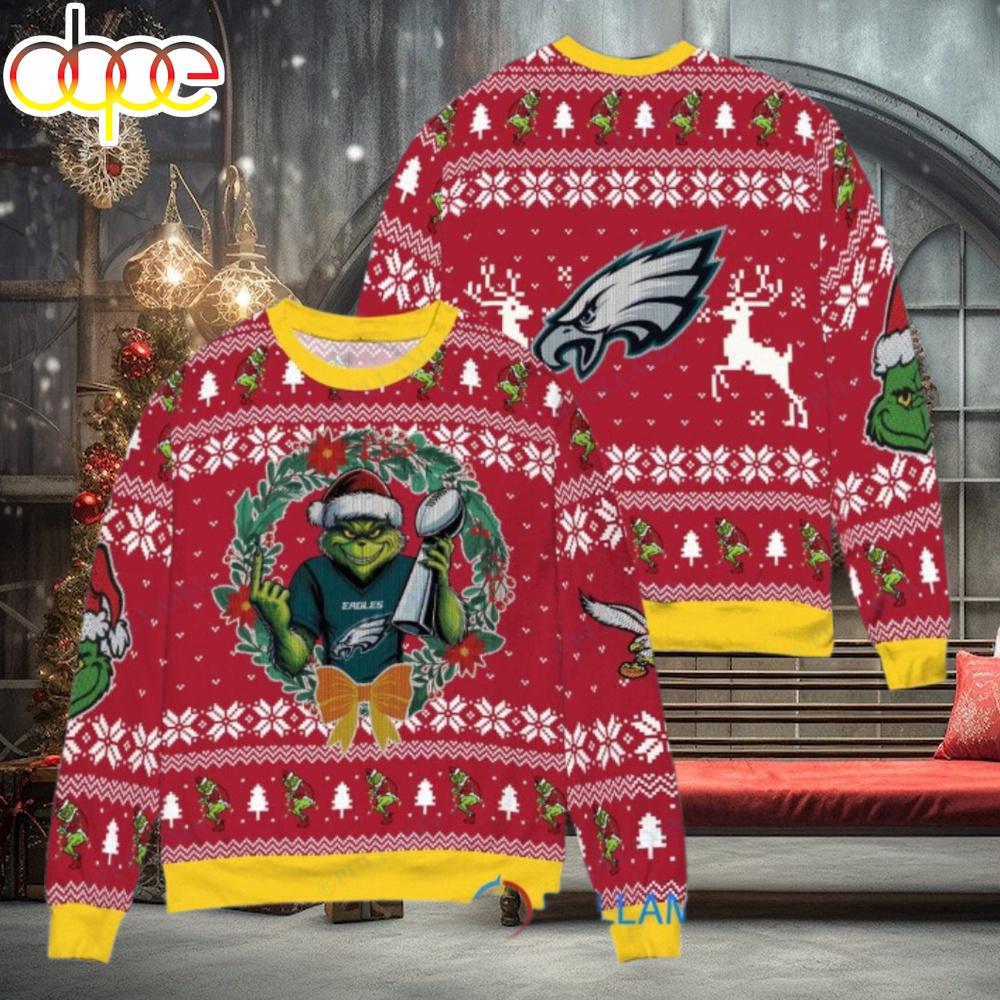 Sportswearmerch Philadelphia Eagles NFL x Grinch Super Bowl Trophy Ugly Christmas Sweater For Fan
