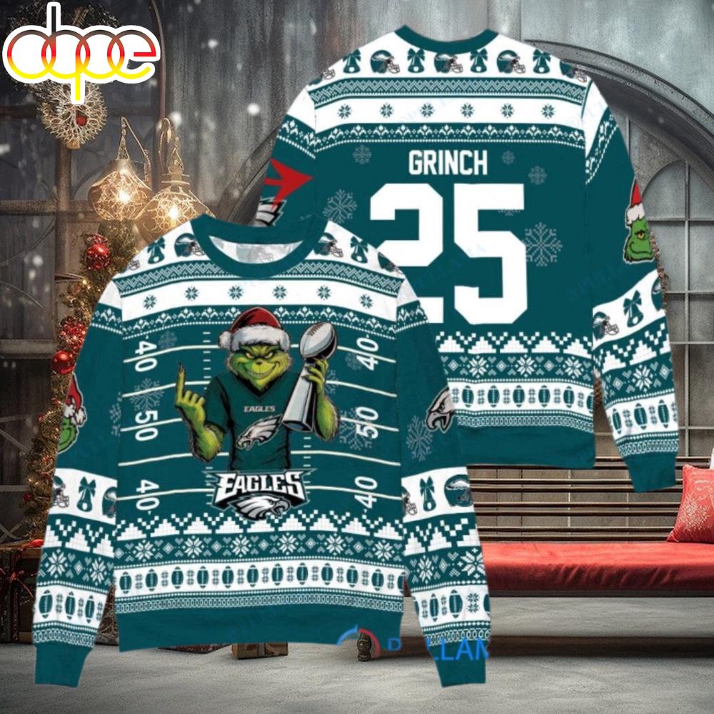 Sportswearmerch Philadelphia Eagles NFL x Grinch Super Bowl Trophy Ugly Christmas Sweater For Fan