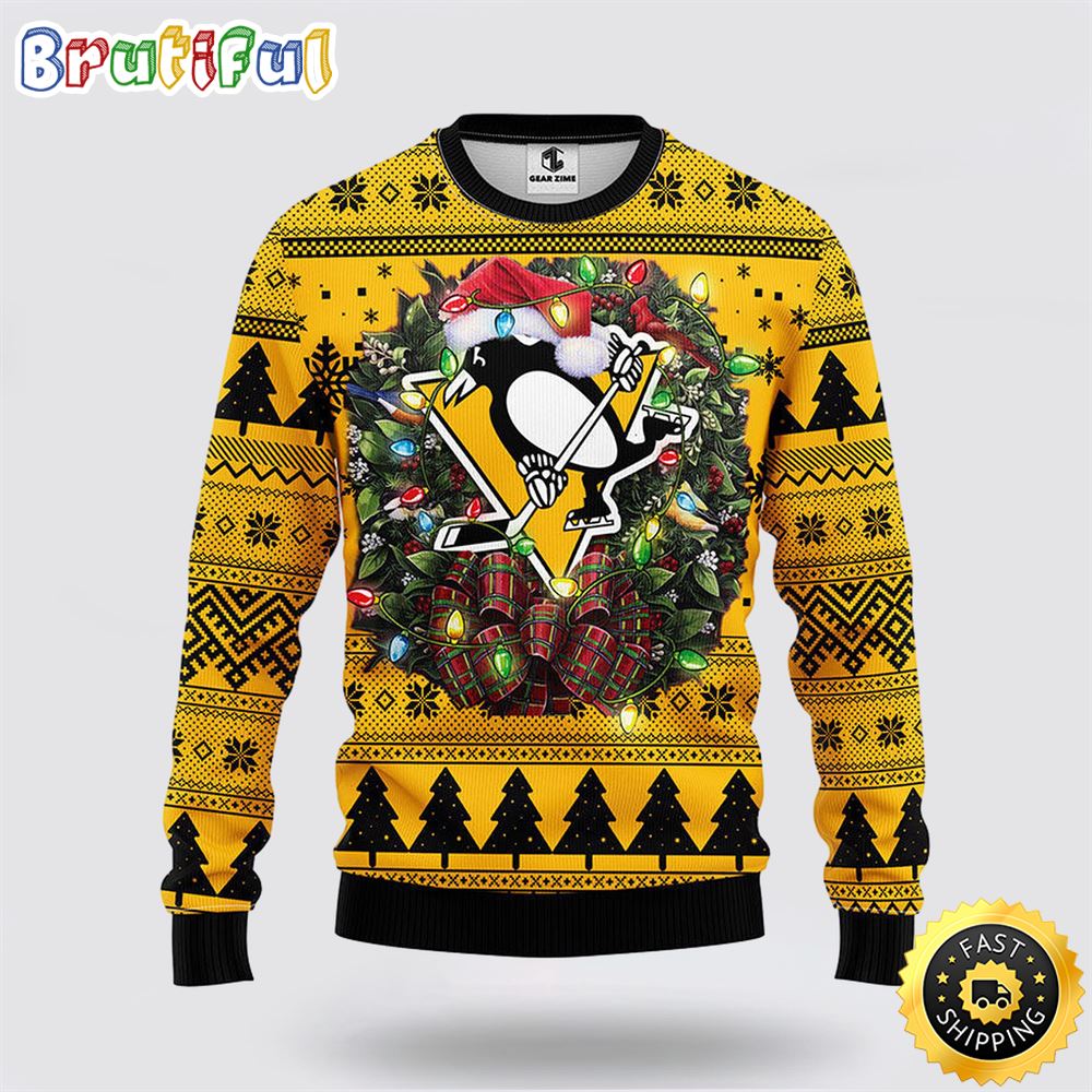 Sportswearmerch Pittsburgh Penguins NHL Christmas Wreath Ugly Sweater For Fan