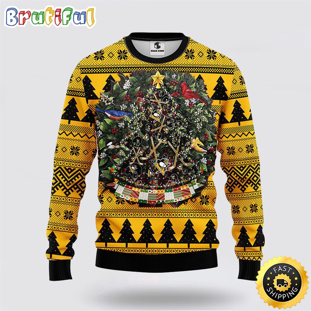 Sportswearmerch Pittsburgh Penguins NHL Tree Ugly Christmas Fleece Sweater For Fan