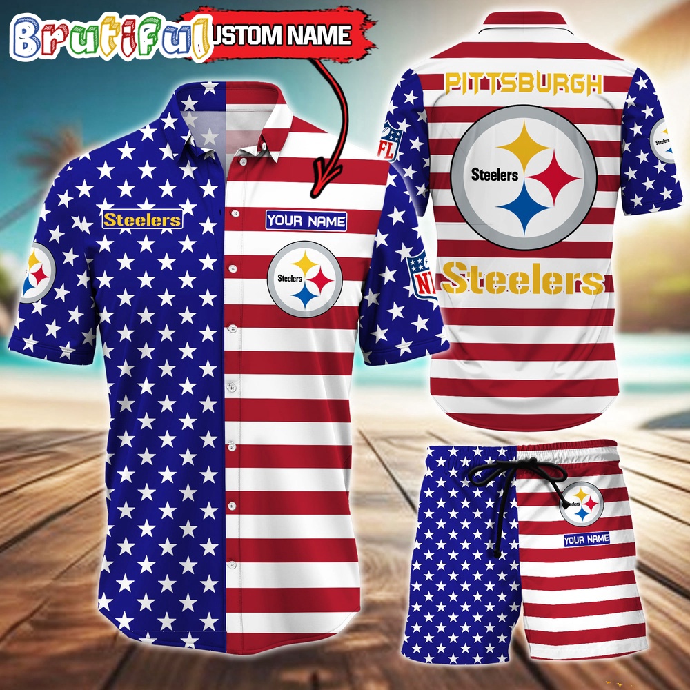 Sportswearmerch Pittsburgh Steelers NFL American Flag Personalized Set Short Set For Fan