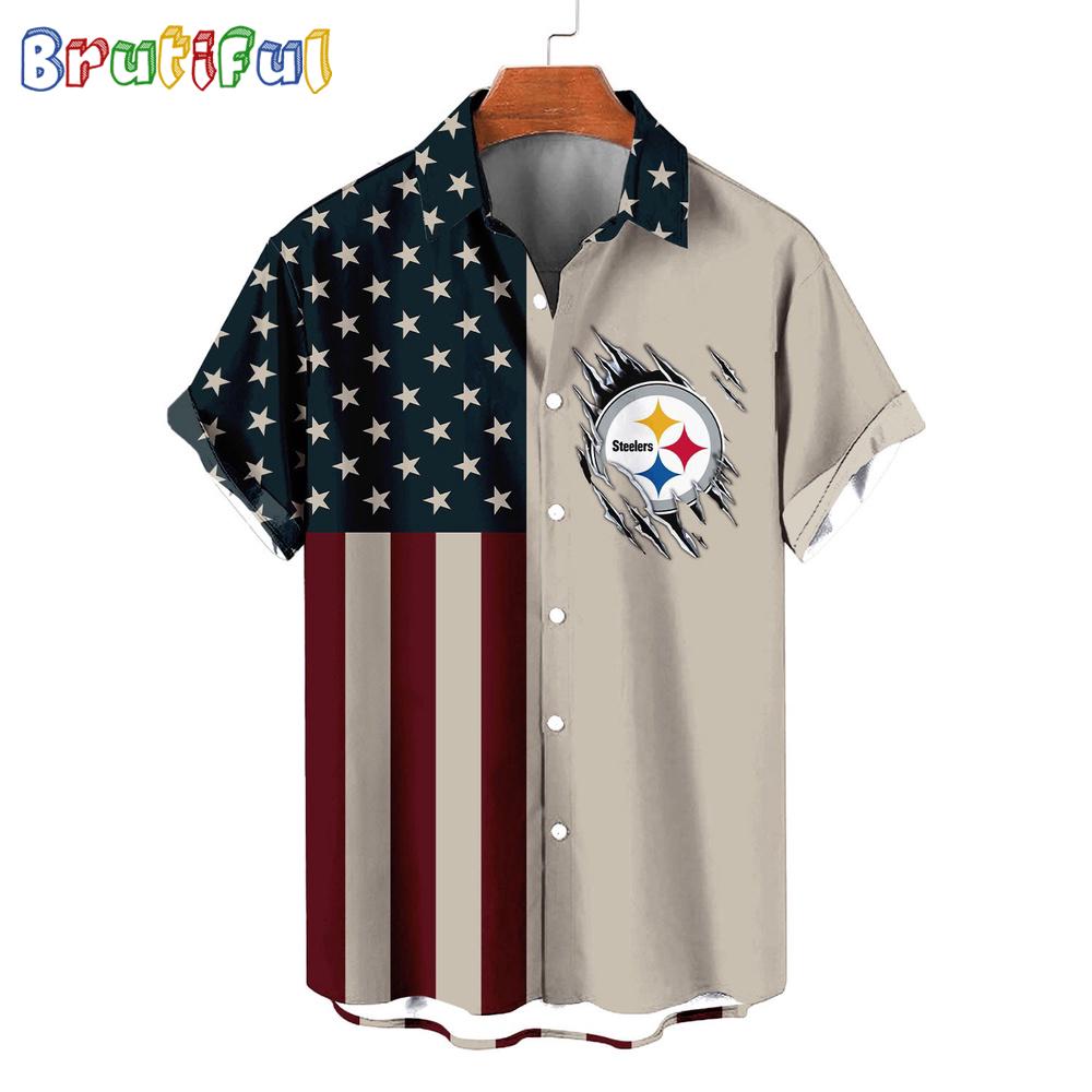 Sportswearmerch Pittsburgh Steelers NFL American Flag Summer Personalized Hawaiian Shirt For Fan