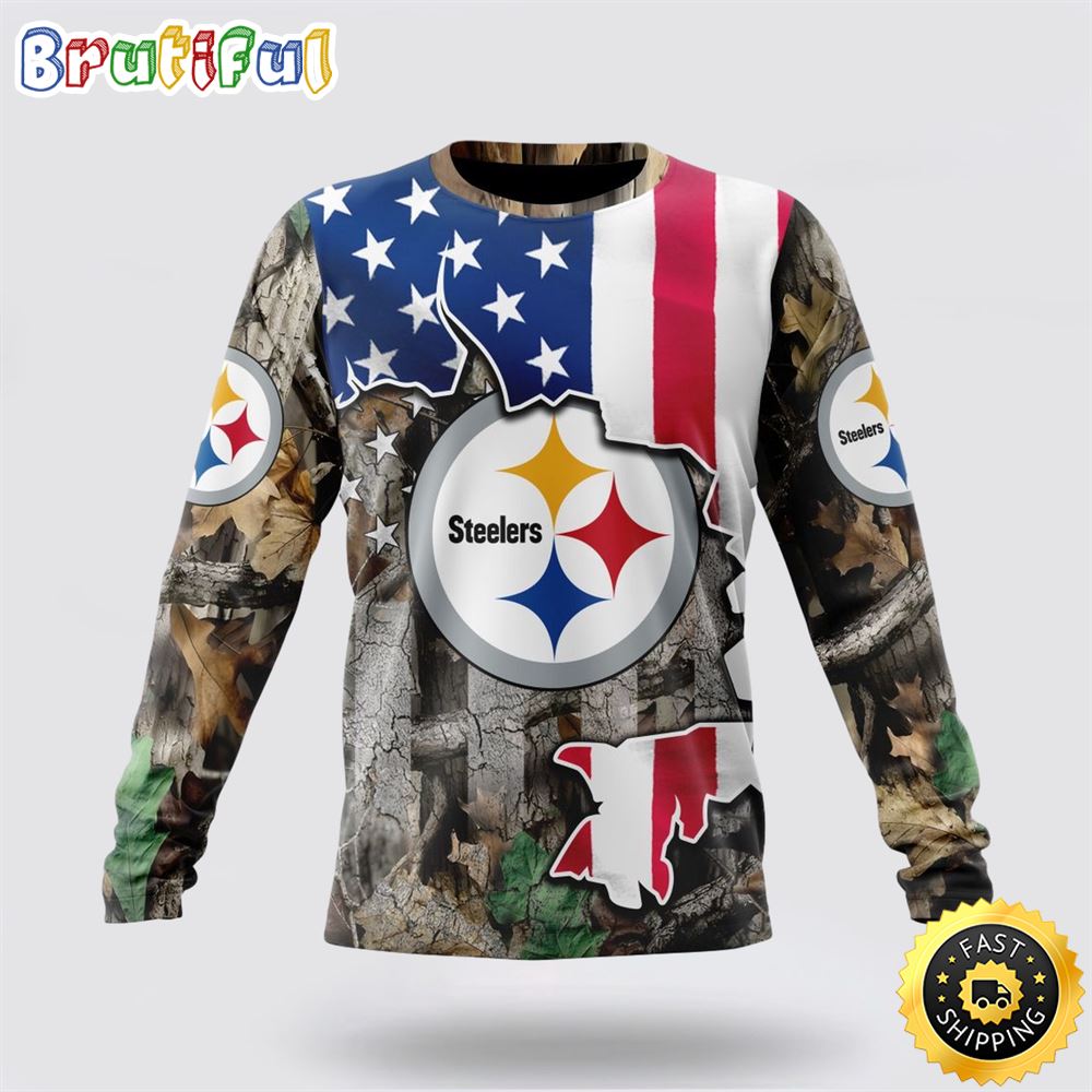 Sportswearmerch Pittsburgh Steelers NFL Crewneck USA Flag Camo Realtree Hunting Personalized Sweater For Fan