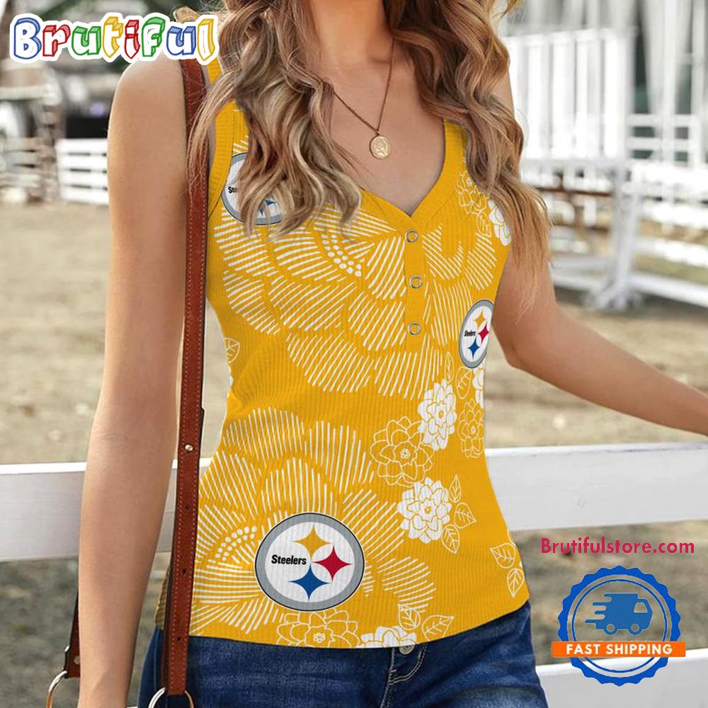 Sportswearmerch Pittsburgh Steelers NFL Flower Pattern Women's V-Neck Ribbed Tank Top For Fan