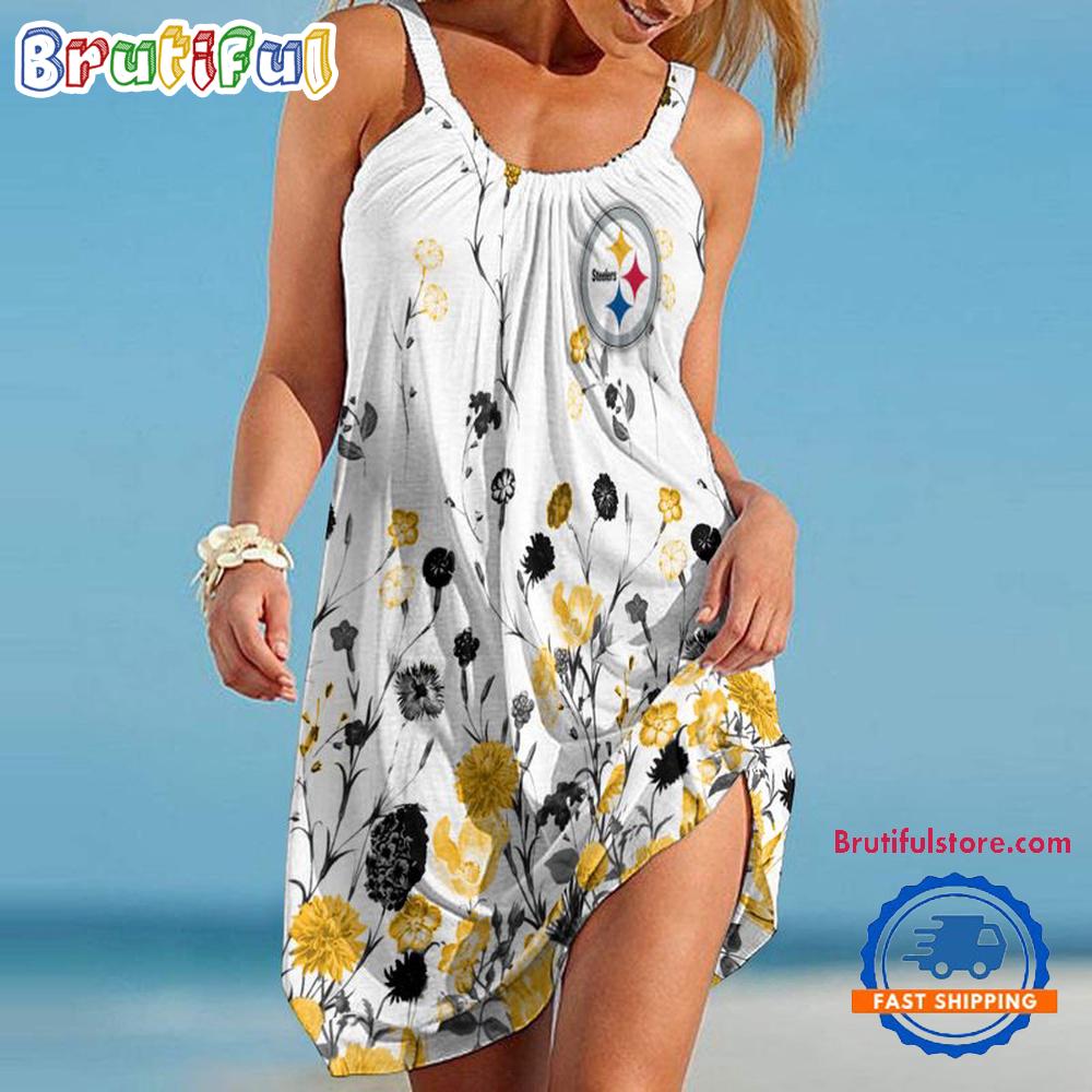 Sportswearmerch Pittsburgh Steelers NFL Flower Summer Beach Dress For Fan