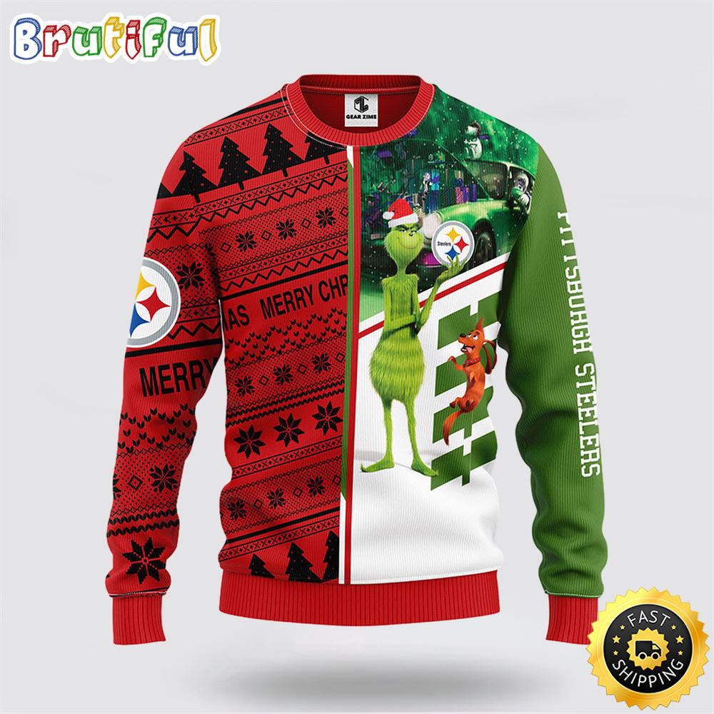 Sportswearmerch Pittsburgh Steelers NFL Grinch & Scooby-Doo Ugly Christmas Sweater For Fan