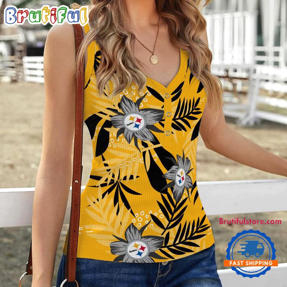 Sportswearmerch Pittsburgh Steelers NFL Hibiscus Pattern Women's V-Neck Ribbed Tank Top For Fan