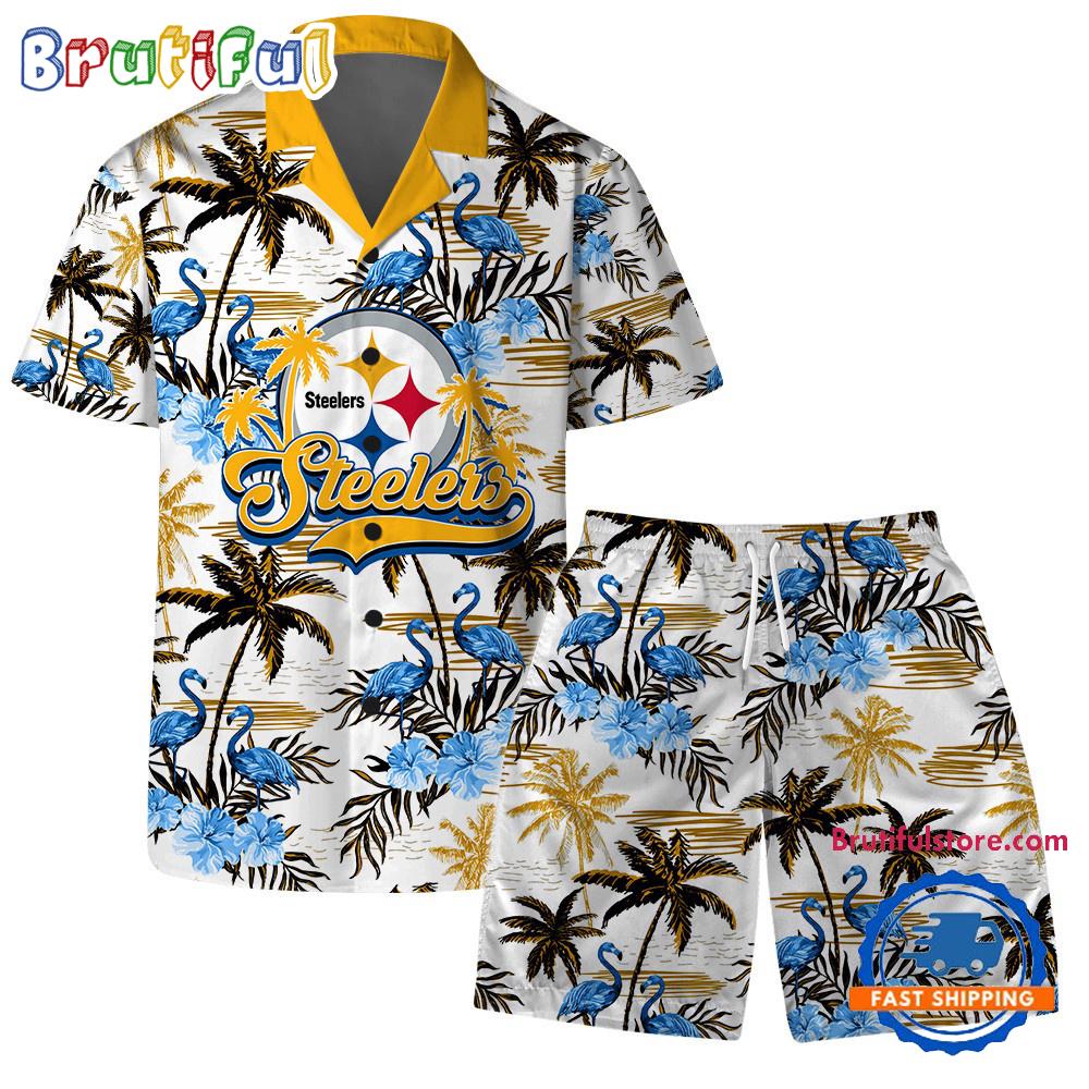 Sportswearmerch Pittsburgh Steelers NFL Pattern Flamingo Hibiscus Summer Personalized Set Short Set For Fan
