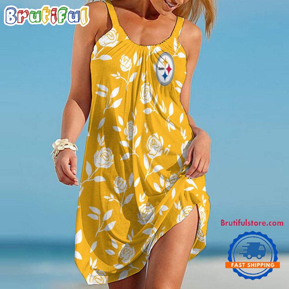 Sportswearmerch Pittsburgh Steelers NFL Rose Pattern Women’s Summer Beach Dress For Fan